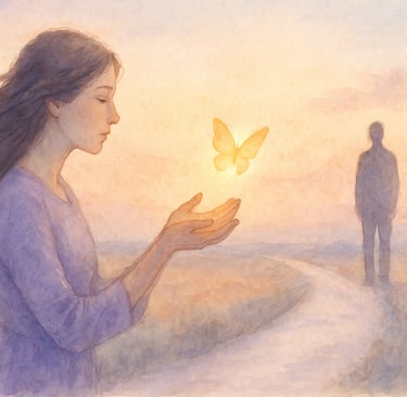 Femme libérant un papillon lumineux vers un homme au loin, symbolisant le lâcher-prise