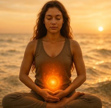 Femme méditant en position lotus avec chakra sacré orange lumineux au niveau du bas-ventre