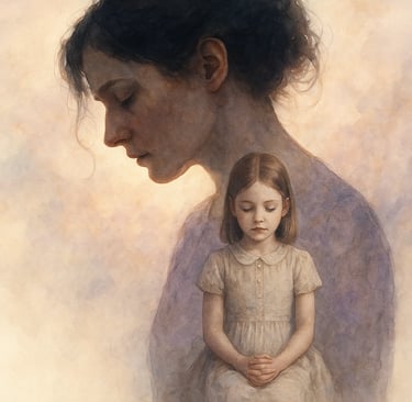 Femme en double exposition contenant une petite fille sage, symbolisant les racines de la souffrance