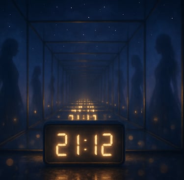 Heure miroir 21h12 affichée sur horloge avec reflets mystiques et trois silhouettes féminines