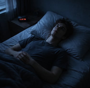 Jeune homme allongé dans le noir fixant le plafond, symbole de la nuit noire de l'âme