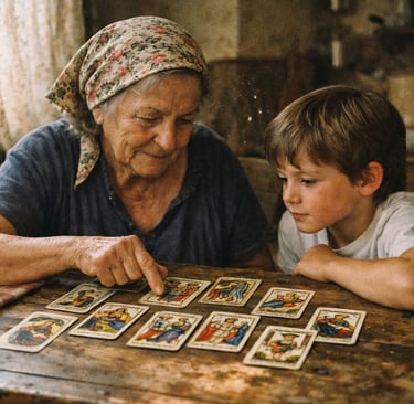 Femme âgée et enfant découvrant le tarot de Marseille dans une cuisine de ferme années 70