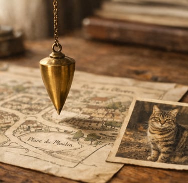 Pendule en laiton au-dessus d’une carte ancienne pour la radiesthésie.