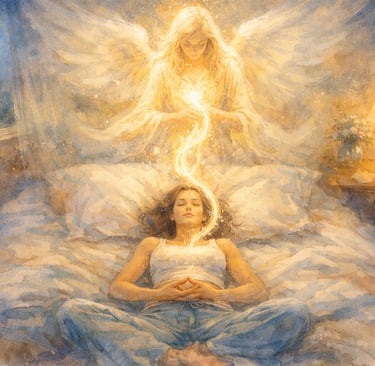 Femme en méditation allongée avec présence lumineuse de son guide spirituel au-dessus