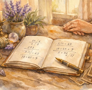 Consultation numérologie avec calculs manuscrits et chiffres porte-bonheur