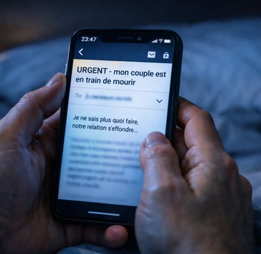 Mains tenant un smartphone affichant un email urgent sur un couple en crise