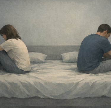 Illustration d'un couple assis dos à dos sur un lit, symbolisant la distance émotionnelle 