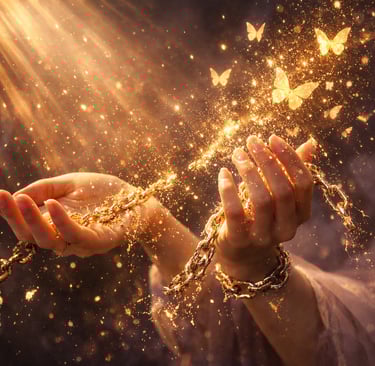 Mains brisant des chaînes lumineuses qui deviennent poussière d'étoiles et papillons