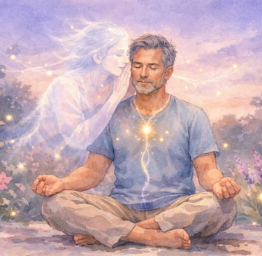 Homme de 50 ans méditant et écoutant son sixième sens, représentation artistique de l'intuition 