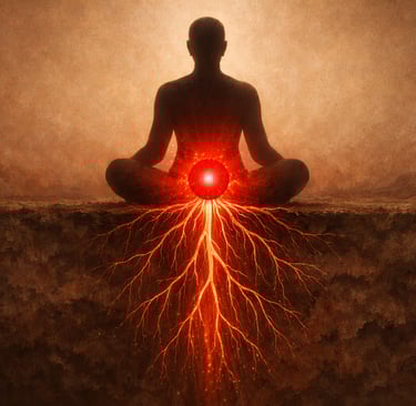 Visualisation du chakra racine : sphère rouge lumineuse à la base du corps avec racines s'enfonçant 