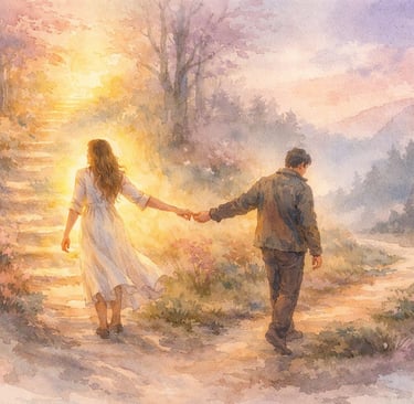 Couple se séparant paisiblement à la croisée de deux chemins