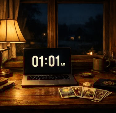 Bureau éclairé la nuit dans une maison de campagne, ordinateur affichant 01h01 et cartes de tarot