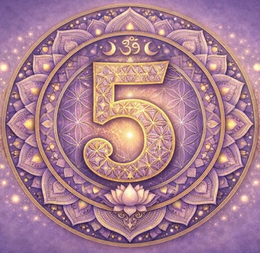 Symbole numérologique du chiffre 5 en mandala spirituel violet représentant le chemin de vie 5