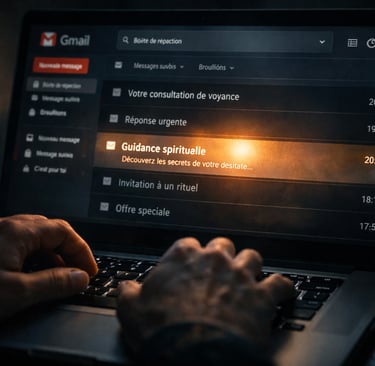 Mains tapant sur clavier d'ordinateur la nuit avec emails de consultation de voyance affichés 