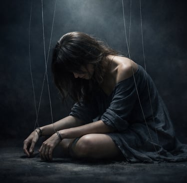 Femme assise dans l'obscurité avec des fils symbolisant la manipulation psychologique et l'emprise