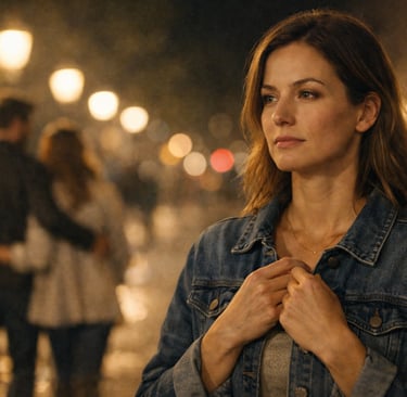 Femme au premier plan, calme mais tendue, mains sur la poitrine, tandis qu’un couple flou marche 