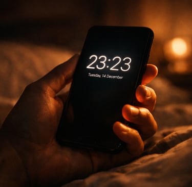 Personne regardant l'heure miroir 23h23 sur son smartphone la nuit