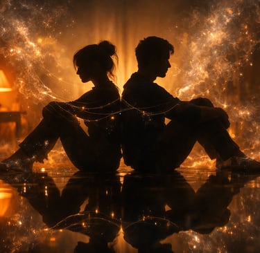 Couple flamme jumelle dos à dos distance émotionnelle connexion spirituelle lumière dorée