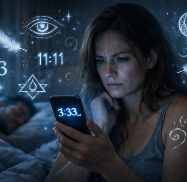 Femme regardant l'heure miroir 3h33 sur son téléphone dans sa chambre la nuit