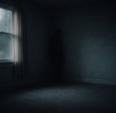 Forme d'ombre subtile dans une pièce au crépuscule, évoquant une présence invisible ressentie