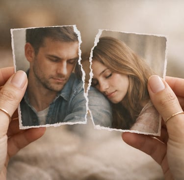 Mains féminines tenant délicatement une photo déchirée d'un couple