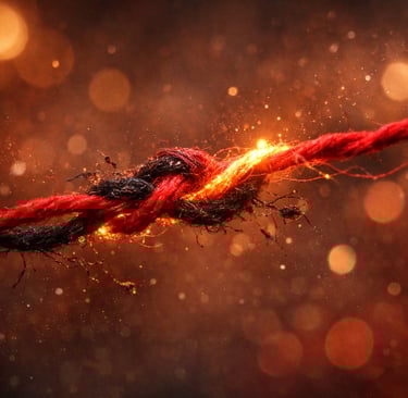 Fils rouges entrelacés symbolisant un lien karmique se rompant