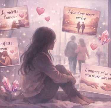 Femme seule près d'une fenêtre entourée d'affirmations positives sur l'amour