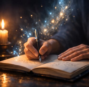 Mains écrivant dans un journal entourées de lumière dorée, ambiance mystique et spirituelle 
