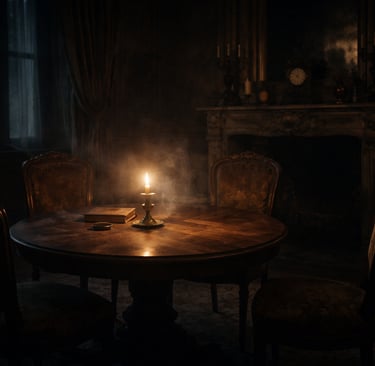 Salon français du XIXe siècle la nuit, bougie sur table ronde, atmosphère de séance spirite