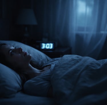 Femme éveillée dans l'obscurité, réveil affichant 03h03 