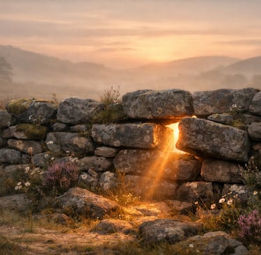 Mur en pierre sèche avec brèche lumineuse, symbole du lâcher prise en amour