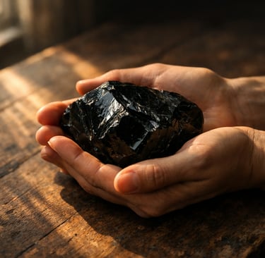 Mains tenant une obsidienne noire brute sur une table en bois, lumière naturelle d'après-midi
