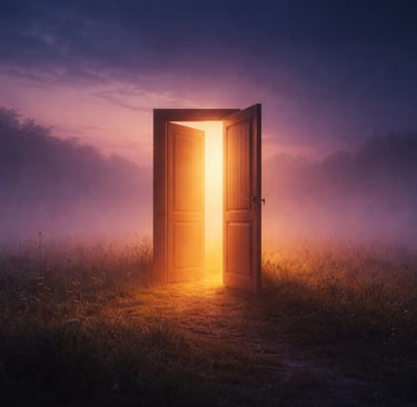 18h18 heure miroir — porte ouverte au crépuscule symbolisant le seuil et la transition spirituelle