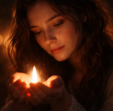 mains de femme protégeant une flamme dorée, symbole du don de soi en amour