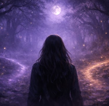 Femme de dos à un carrefour dans une forêt enchantée, deux chemins lumineux s'ouvrent devant elle 