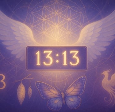 Heure miroir 13h13 affichée en doré lumineux avec ailes d'ange et papillon symbole de transformation