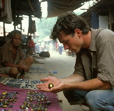 Œil de tigre dans la main, marché de Phnom Penh, années 90.