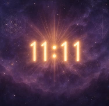 11h11 heure miroir spirituelle avec symboles de géométrie sacrée sur fond cosmique étoilé