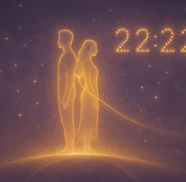 Deux âmes lumineuses reliées par un fil doré au niveau du cœur, symbole de la connexion télépathique