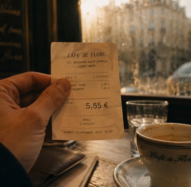 Ticket de caisse affichant 5,55 € posé sur une table en bois d'une brasserie parisienne