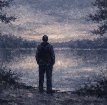 silhouette solitaire au bord d'un lac au crépuscule, symbole de la profondeur intérieure 