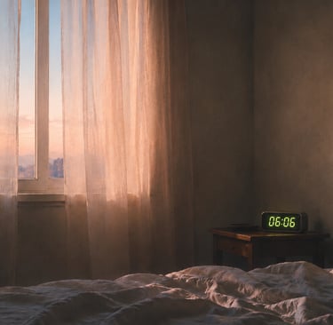 Petit réveil affichant 06:06 dans une chambre éclairée par la lumière rose de l'aube