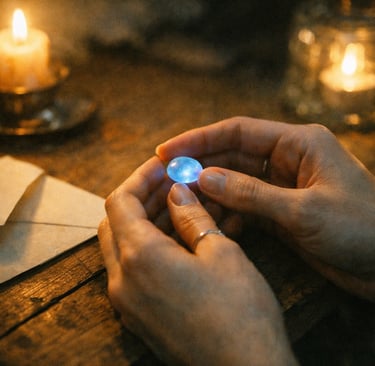 Mains tenant une pierre de lune lumineuse près d’une enveloppe, à la lueur des bougies.