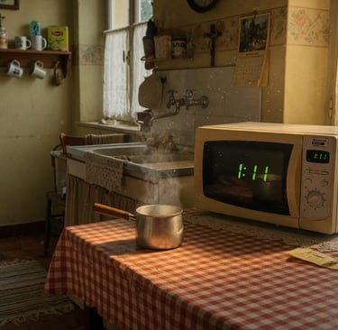 Vieille cuisine française avec micro-ondes affichant l'heure miroir 1h11