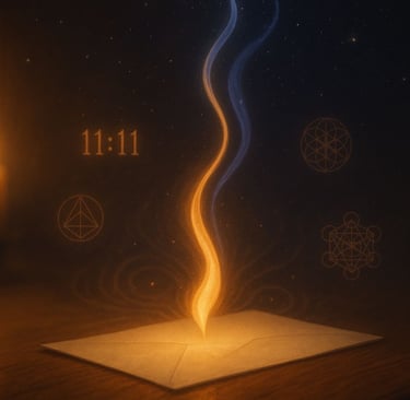 Une flamme dorée se divisant en deux lumières entrelacées, s’élevant d’une lettre ouverte