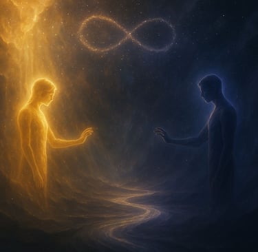 deux âmes lumineuses séparées par un voile d’énergie, symbolisant la séparation des flammes jumelles
