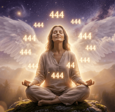 Femme sereine entourée d'une lumière dorée avec le nombre angélique 444 en arrière-plan