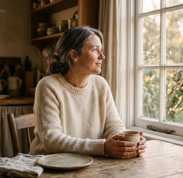 Femme sereine à la table du matin dans la lumière dorée — signification 333 et alignement intérieur