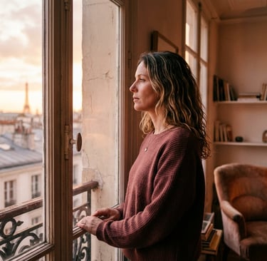 Femme seule devant une fenêtre baignée de lumière rose et dorée du soir