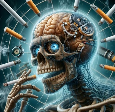 Crâne futuriste entouré de cigarettes, illustrant les dangers du tabac sur le cerveau et le corps